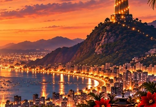 Sugarloaf Mountain over the lights of Rio's bay at dusk