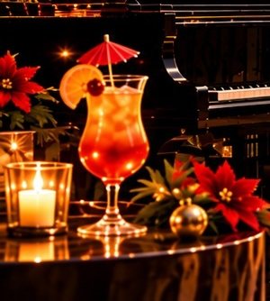 A tropical cocktail with a paper umbrella beside a candle