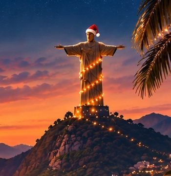 Christ the Redeemer wrapped in string lights, wearing a Santa hat